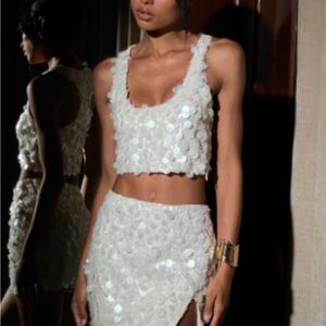 MESHKI White Sequin Crop Top and Skirt Set
